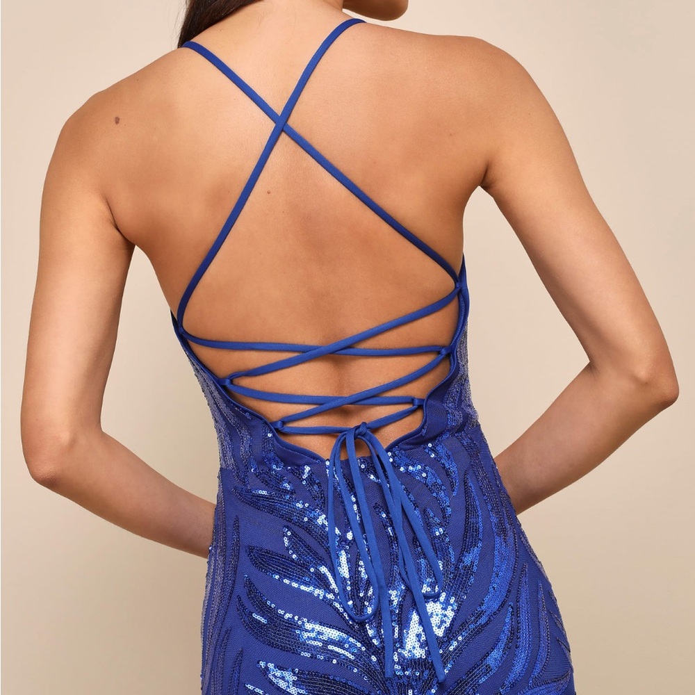 Sparkle 'til Dawn Royal Blue Sequin Lace-Up Mermaid Maxi Dress NWT XS - Picture 6 of 9